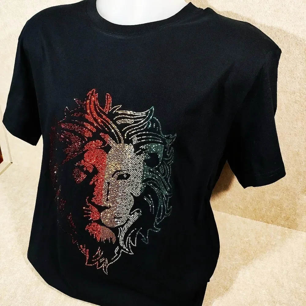 Leo Lion Bling Rhinestone Short Sleeve T-shirt -B - Picture 3 of 8